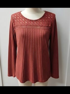 Lace Yoke Ribbed Long-Sleeve Top - Rust